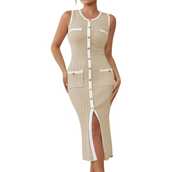 Women Cream Summer Sweater Dress Sleeveless Slim Fit Bodycon Midi Dresses - Picture 1 of 7